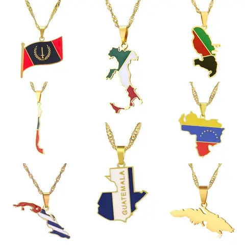 GGIRL 18K Gold Plated Country Map & Flag Pendant Necklace for Women Men &Teens,Stainless Steel Enamel National Flag Map Jewelry, Patriotic Statement Necklaces,Match All Daily Wear Ideal Souvenir&Gift for City Walk Travel lover