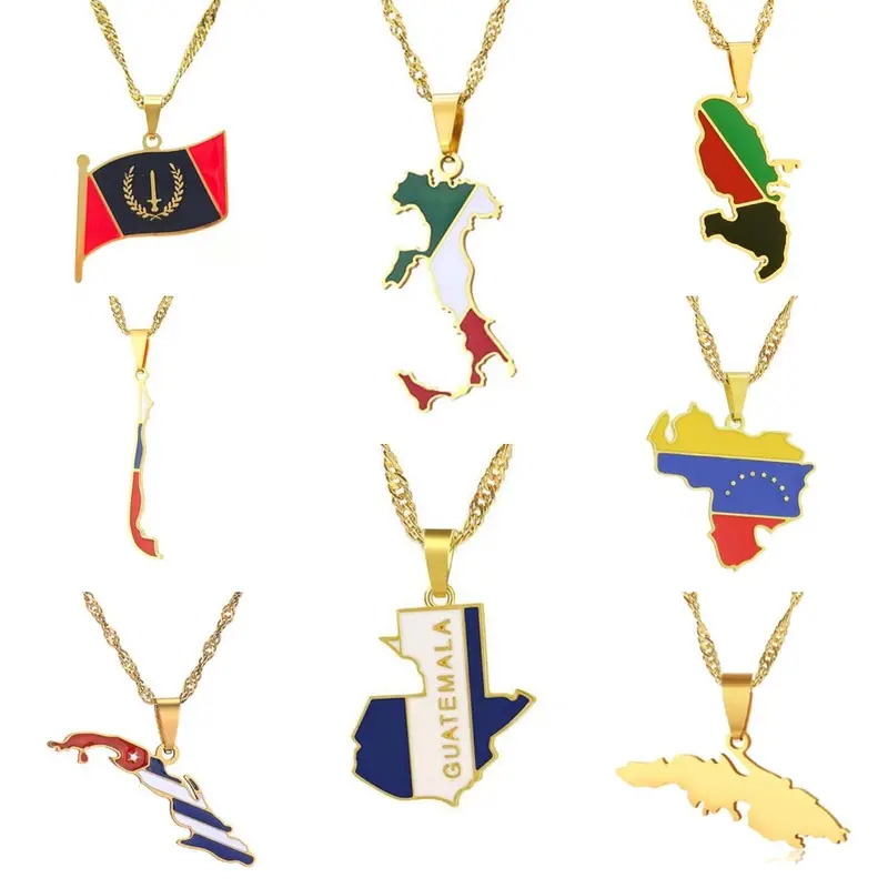 GGIRL 18K Gold Plated Country Map & Flag Pendant Necklace for Women Men &Teens,Stainless Steel Enamel National Flag Map Jewelry, Patriotic Statement Necklaces,Match All Daily Wear Ideal Souvenir&Gift for City Walk Travel lover