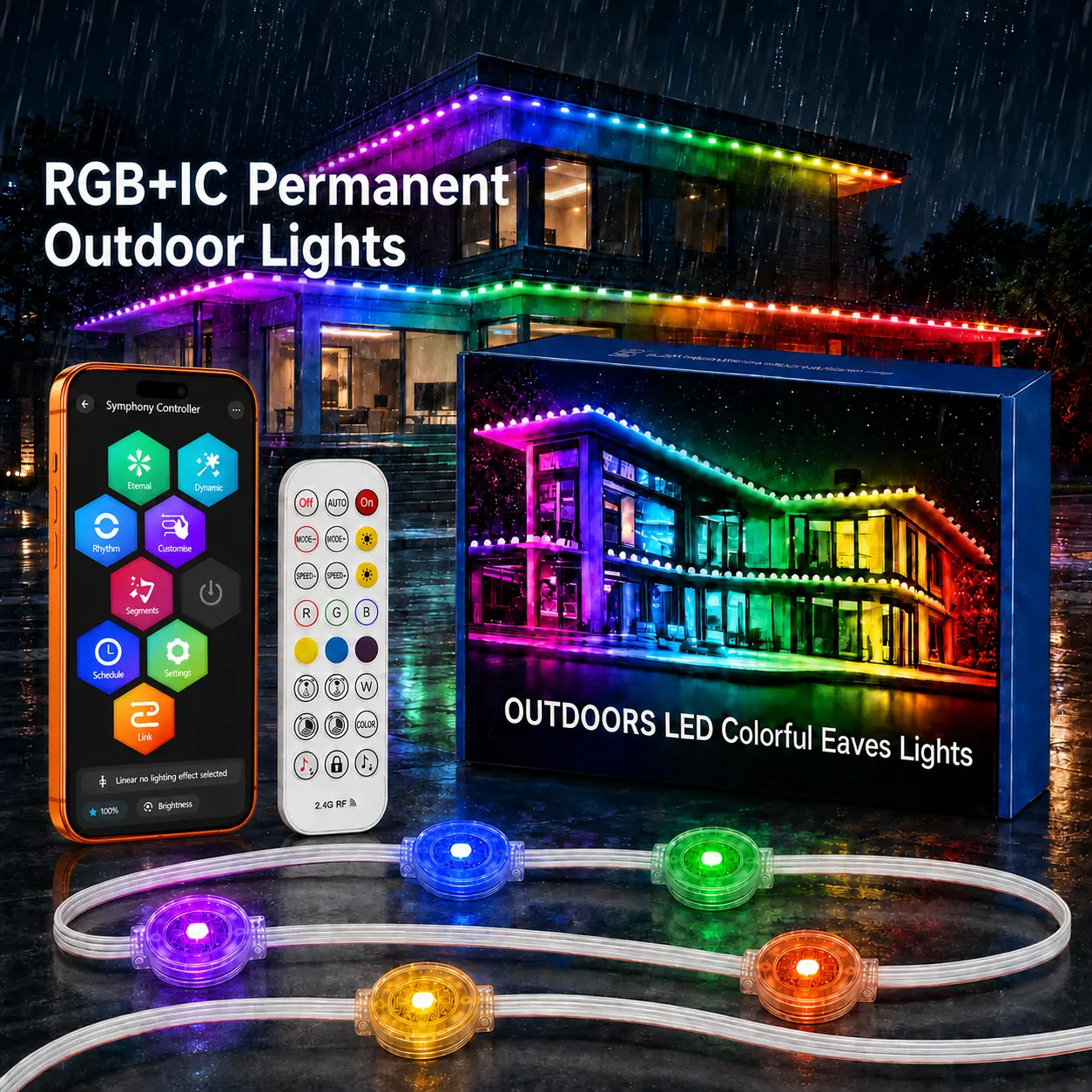 Permanent Outdoor RGB-IC Lights for House  Waterproof, IP67 LED Eave Lights with App/Remote Control, Outdoor Permanent led Lighting for House Roof Decor,Christmas,Party,All Holiday and Daily home makeover