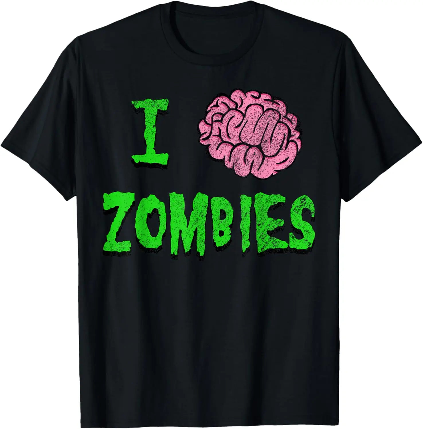 Women's 100% Cotton Casual T-Shirt - Distressed Grunge Shortsleeve Round Neck Comfortable Fit Tops with Tropical "I Heart Zombies"-"I Brain Zombies" Graphic Garment for Outdoors, Beach Use, Machine Washable Tee
