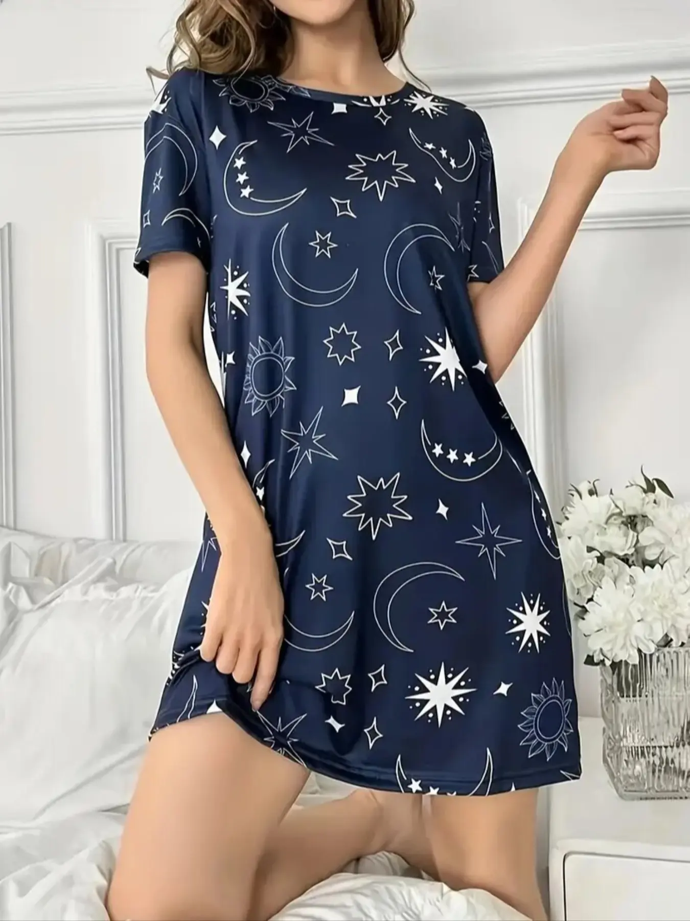 Women's All Over Print Round Neck Nightdress, Casual Soft Comfortable Short Sleeve Printed Nightgown for Summer, Ladies Sleepwear for Indoor Wear, Loungewear