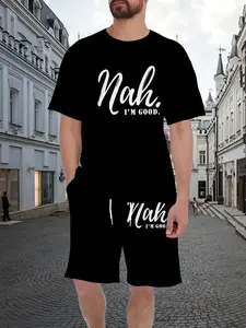 Men's Casual Full-Print Short Sleeve Shorts Set, Fitted Two-Piece Ensemble, All over Print, Summer Fashion