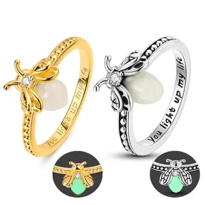 Glow-in-the-Dark Firefly Bee Ring, 925 Sterling Silver with Gold Plating, Engraved with “You Light Up My Life,” a Romantic Gift for Women for Summer, Valentine's Day, or Birthdays