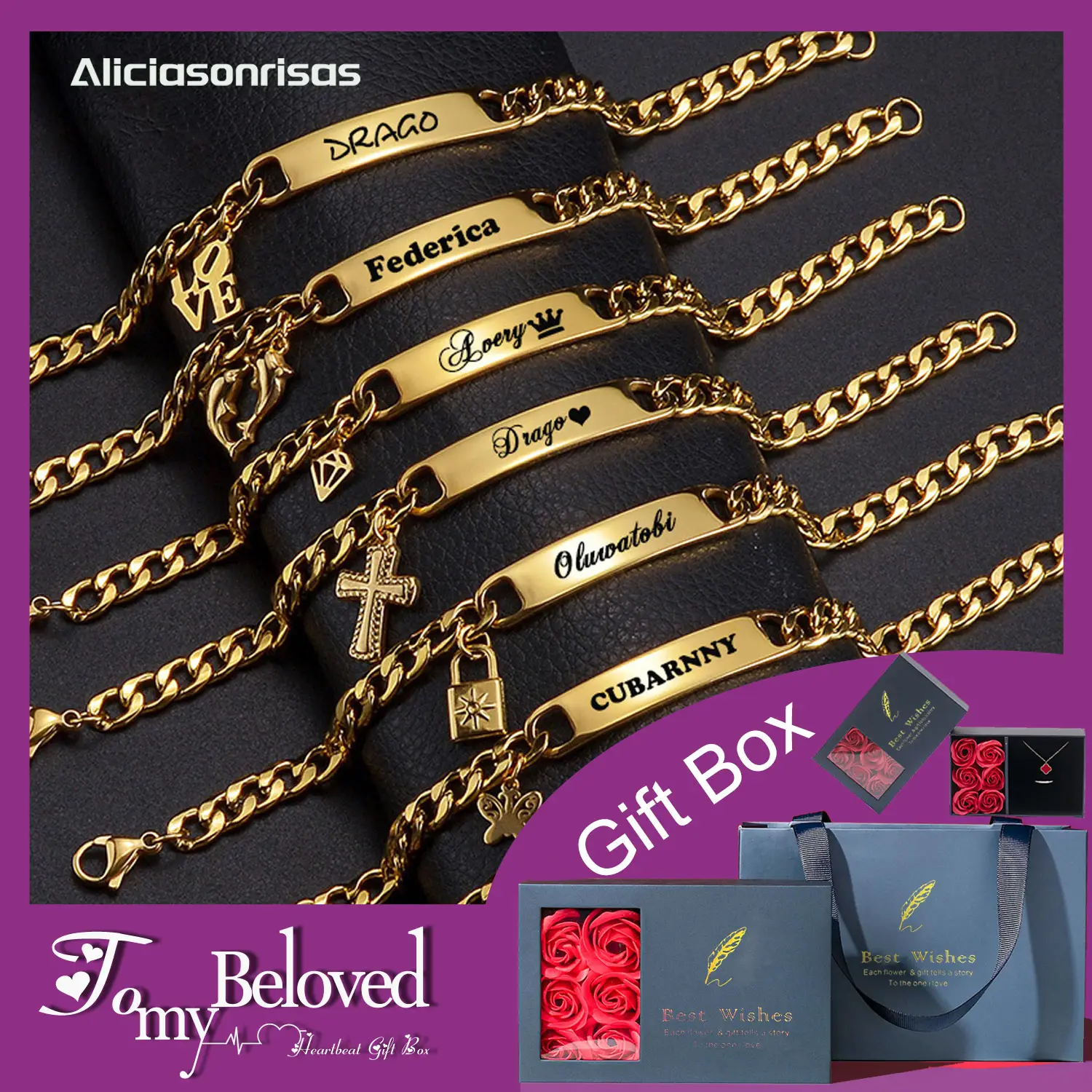 HZB02 Customized Can Carve Writing Simple Fashion Double and Half Love Puzzle Bracelet Couple Stainless Steel Bracelet Personality Gift Couple