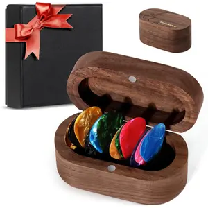 Walnut Guitar Pick Case Set with 12 Celluloid Picks in 3 Thicknesses,  Guitar Pick Holder, Mini  Box, Guitar and Bass  for Son, Mother, Father, , Teacher