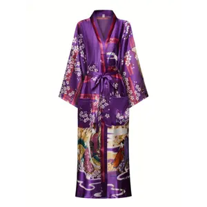 [Soft Polyester] Elegant Cherry Blossom Kimono-Style Robe - Soft Polyester, V-Neck, Geometric Pattern, Pockets - Comfortable Sleepwear for Women, All-Season