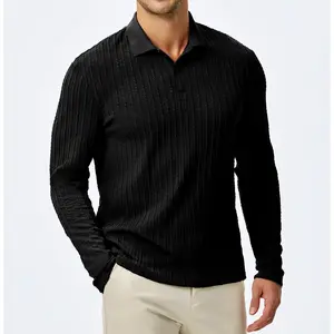 Mens Knit Polo Shirts Long Sleeve Button Down Textured Polo T Shirts Casual Ribbed Golf Polo Collared Shirts