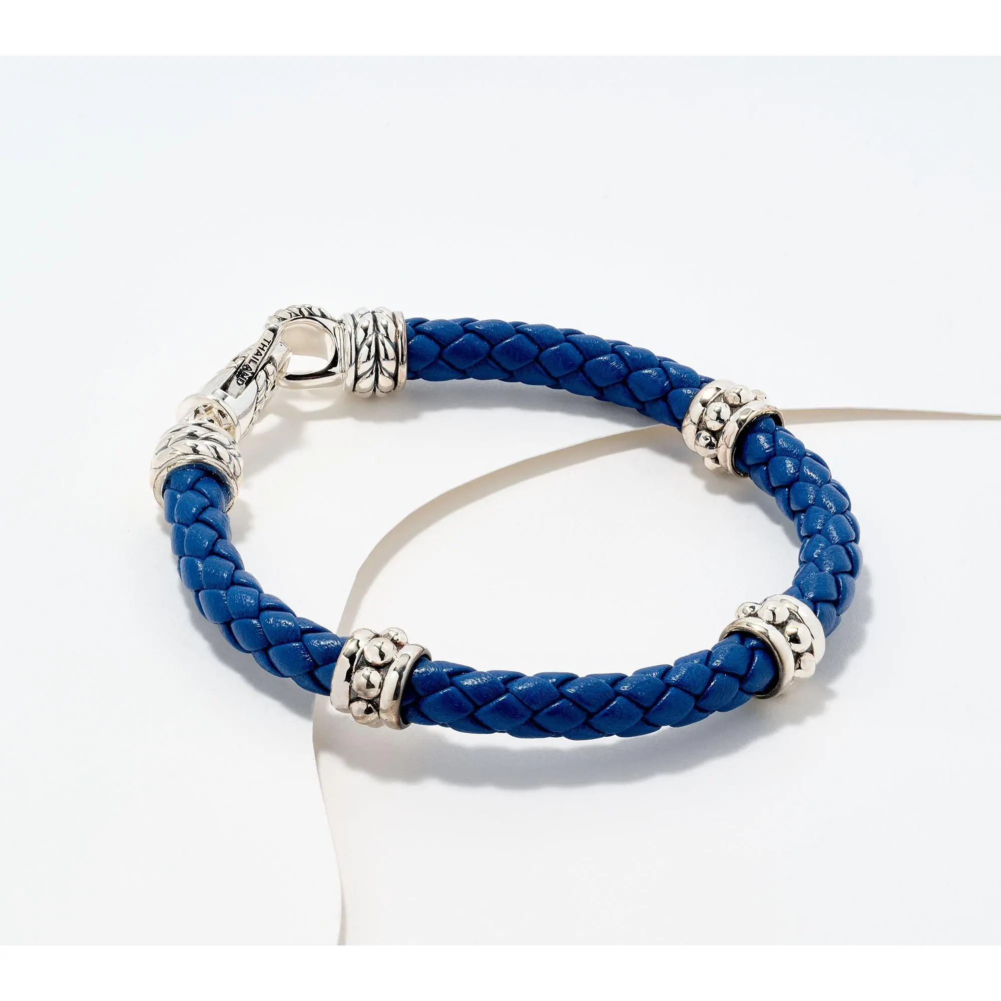 JAI Sterling Silver Braided Leather Bead Station Bracelet, 11.5g