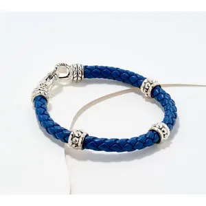 JAI Sterling Silver Braided Leather Bead Station Bracelet, 11.5g