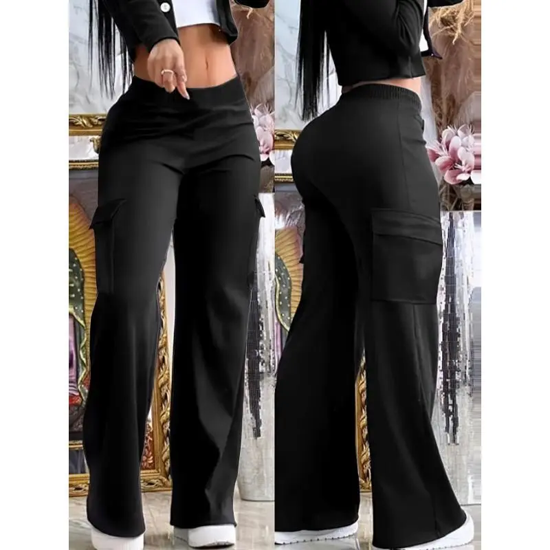 Women's Black Knit Elastane-Polyester Blend Long Sports Pants - Straight Leg, Soft, Comfortable Basic Casual Bottoms for Daily Wear, Machine Washable, Long Pants