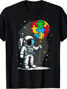 Men'S Autism Awareness Astronaut & Puzzle Piece Graphic T-Shirt - Retro Space Theme Casual Short Sleeve Tee with Colorful Balloon Design, Comfortable Round Neck for ASD Support, Casual Attire & Autistic Pride Apparel, Support Clothing