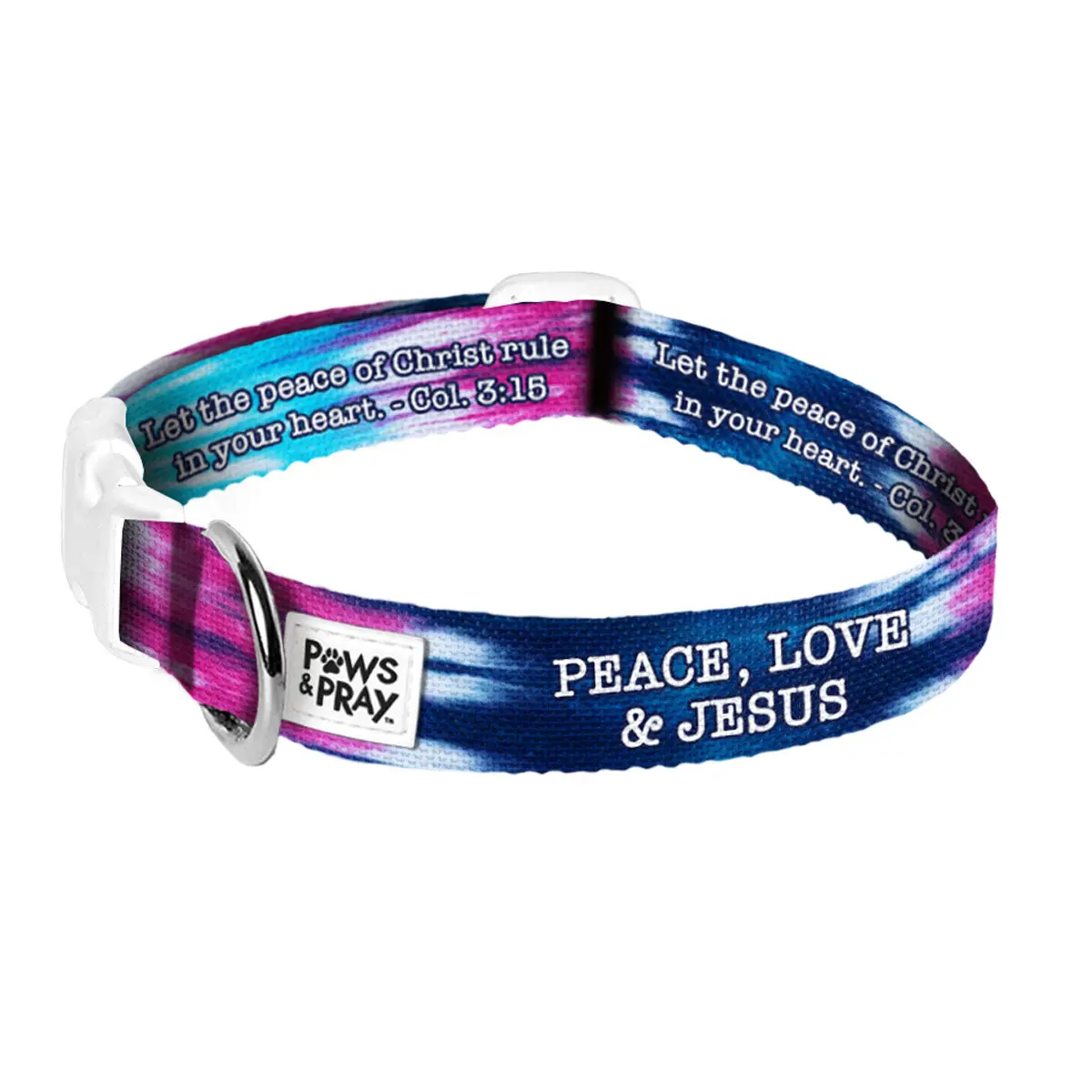 Paws & Pray Graphic Dog & Cat Collar - 1" Width, Adjustable Length, with Coordinating Leash and Bag Dispenser, Peace Love Jesus Design