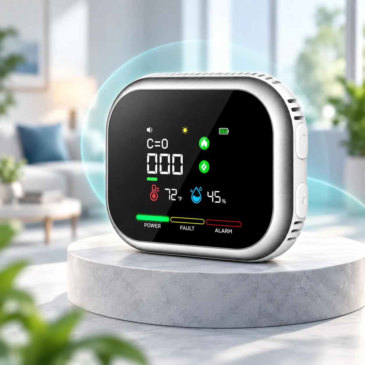 6-in-1 Indoor Environment Monitor with Temperature & Humidity Display, Plug-in Safety Alarm with Audible Alert, HD Screen & Visual Status Lights for Kitchen, Garage, Apartment, RV