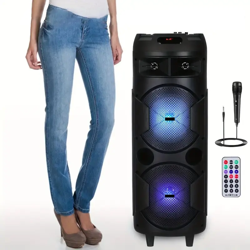 Party Bluetooth Outdoor Speaker with Dual 8" Subwoofers, Stereo Audio, Remote Control, Wired Microphone, Smartphone Compatibility, Micro SD Card Support, Flash Drive Compatibility, Battery-Powered, Cable Connection for Electronic Devices, Batteries
