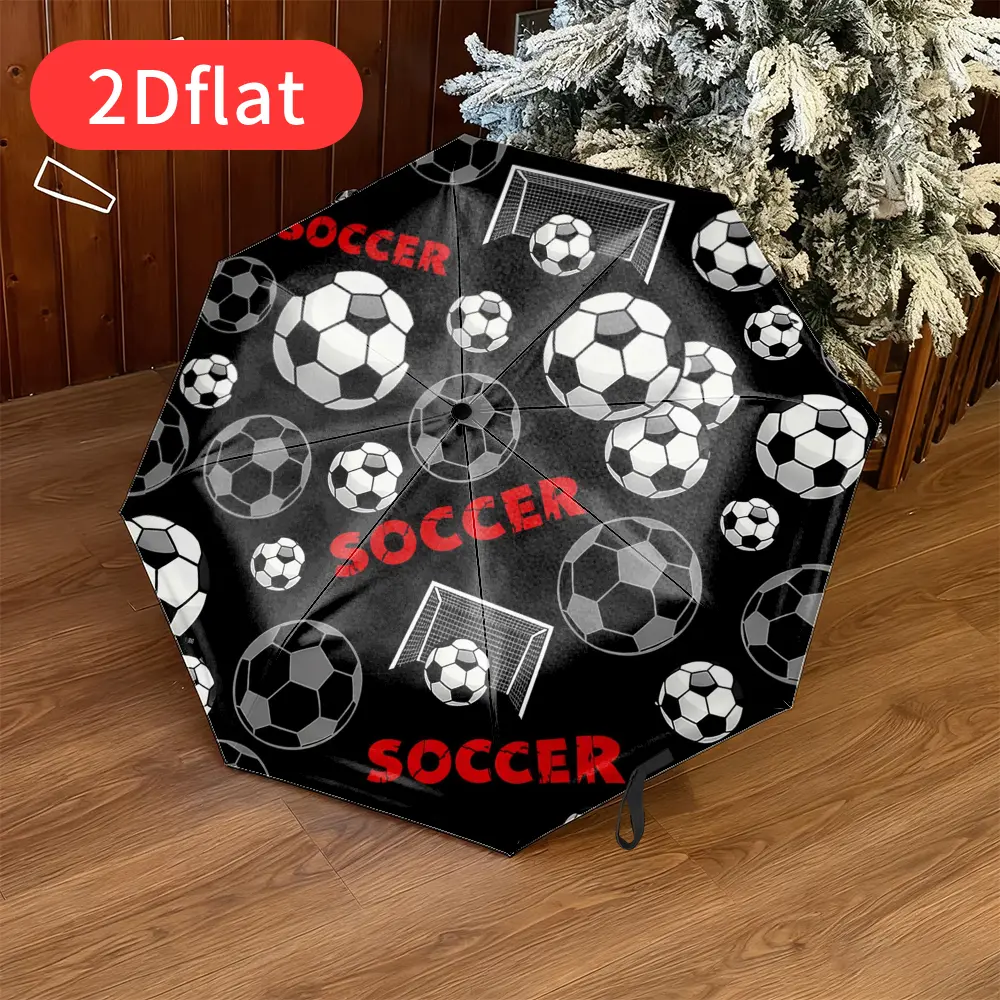 A football-themed folding umbrella – featuring a fun black background printed with soccer balls and goal net patterns, a durable canopy made of sturdy plastic and metal, ideal for travel and everyday use, creatively