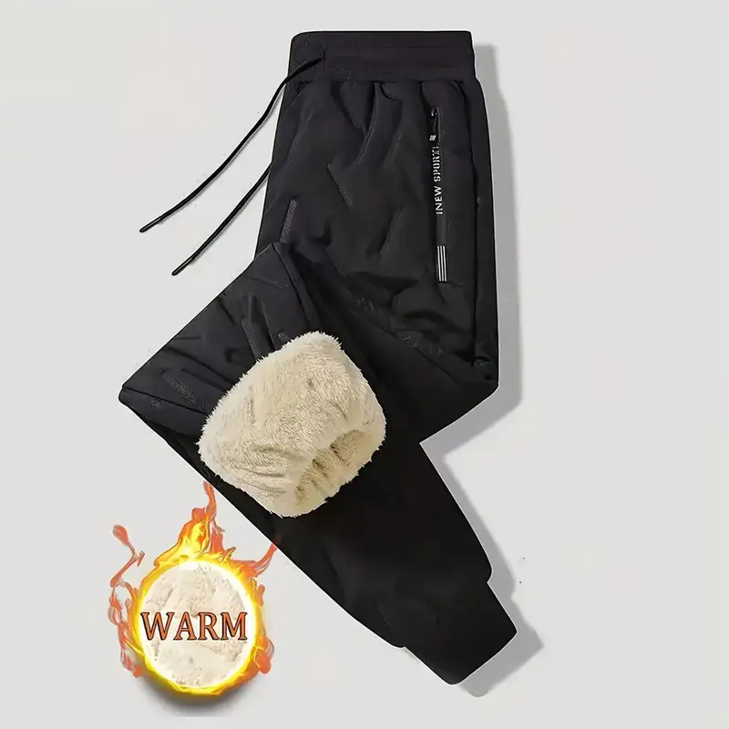 Men's Thermal Plain Adjustable Waist Insulated Pants - Thick Polyester Slim-Fit Trousers, Mid Waist with Drawstring, Side Pockets, Machine Washable, Winter Cold Protection for Office & Casual Wear