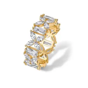 Women's Luxury Golden-Tone Eternity Band Ring - Marquise Cut, Baguette Cut CZ Statement Ring, Stackable Elegant Jewelry Gift for Wedding, Anniversary