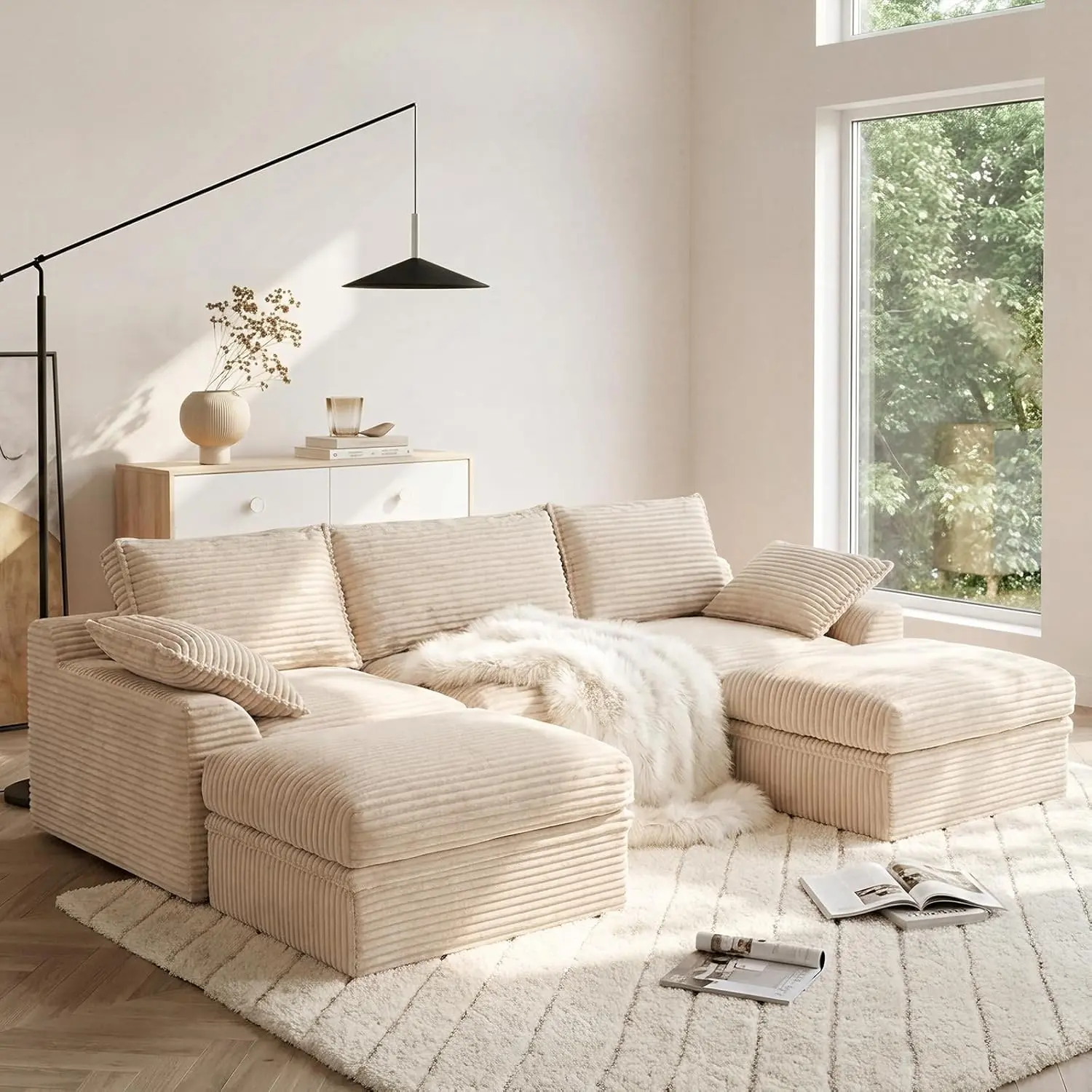 Beige U-Shaped Modular Sectional Couch (107in) – 3-Seater Boneless Sectional Living Room Furniture, Cloud-Like Living Room Furniture, Deep Seat Corduroy Sofa with Hidden Storage, Movable Ottomans, High Back Support, No Assembly, 2-Package Shipping, Curved