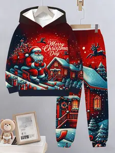 Boys' Christmas Sportswear Set, 3D Santa & Reindeer Hoodie with Matching Pants, / Winter, Casual Holiday Party Wear