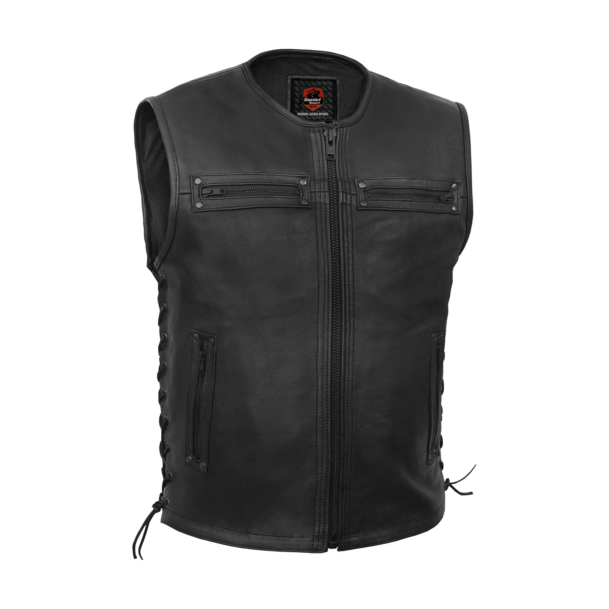 DANIEL SMART Bandit™ Men's Biker Style Laced Riding Moto Leather Vest, Motorcycle Protective Gear, Biker Style Vests, Laced Riding Vests