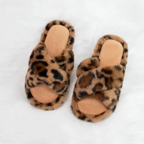 Xixitiao Women's Plush Print Cross-Strap Fur Slides, TPR Sole Non-Slip All-Season Indoor/Outdoor Comfortable Home Slippers (Slippers for Women)