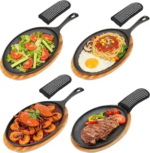 4 Sets Cast Iron Fajita Skillet Sizzling Plate Set with Wooden Base & Anti Scald Hot Handle Cover, Ideal for Home Barbecue Kitchen Party Restaurant Catering Service