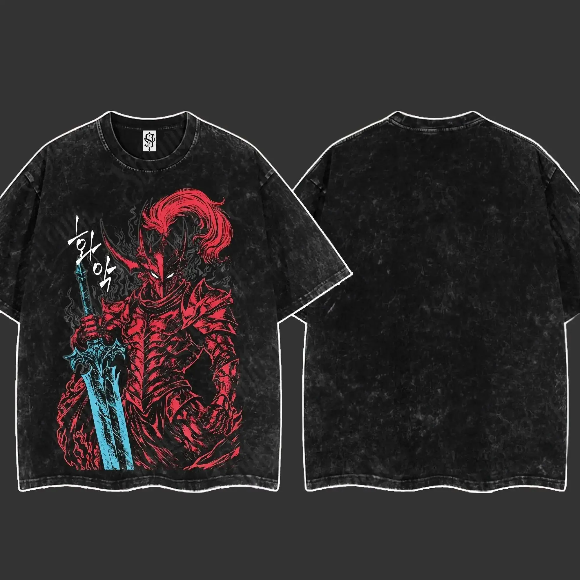Vintage Washed T-Shirt, Unisex Oversized Baggy Fit in Heavyweight Cotton, Solo Leveling Igris Graphic Anime Streetwear, Shadow, Menswear, Casual, Loose-Fit, Retro Unisex, Tshirt, Top, Shortsleeve, Round Neck, Foldable, Crew Neck, Unisex Retro, Machine Was