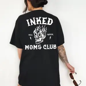 Women's 100% Cotton Short-Sleeve Tatted Moms Club Graphic T-Shirt, Oversized Mama Skull Tattoo Design, Casual Streetwear Top