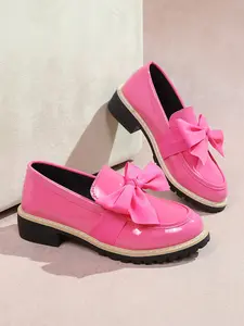 New Sweet College Style Bowknot Thick Sole Loafers, Chunky Heel Anti-Slip Small Leather Shoes, Commuter Jk Uniform Versatility Single Shoe Women