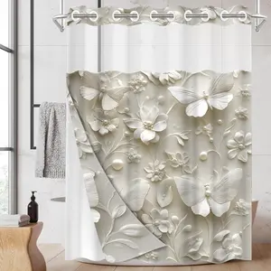 1PC 2D Flat Embossed Butterfly Floral Pattern Double-Layer Woven Shower Curtain (No Hooks), Transparent Top Window, Removable liner with snap-on lining, Modern and Unique Home Bathroom Partition Art Decoration, Bathroom Decor, Holiday Decoration, Flower