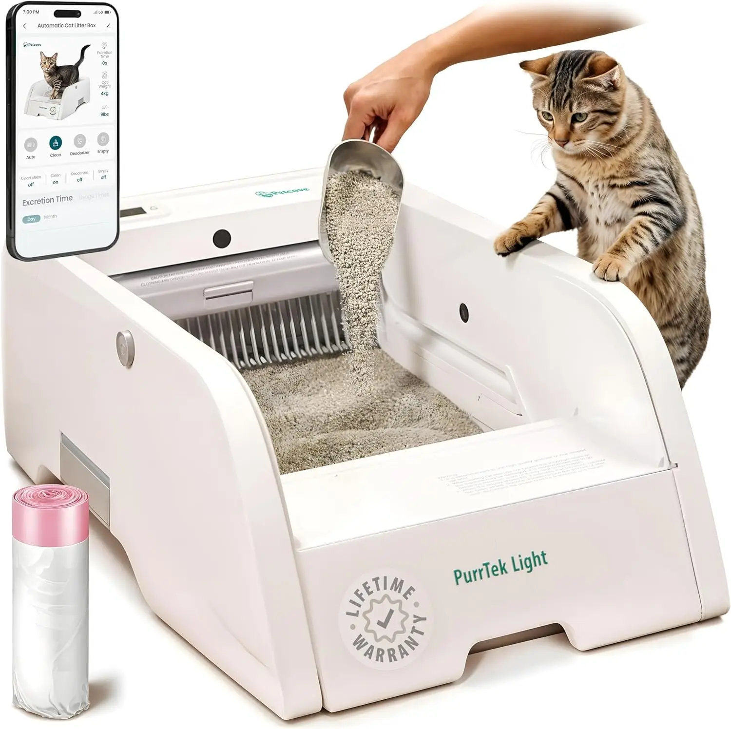 PetCove PurrTek Lite Smart Self Cleaning Cat Litter Box - Lifetime Warranty, APP Control, Auto Safety Sensors, and Built-In Odor Control
