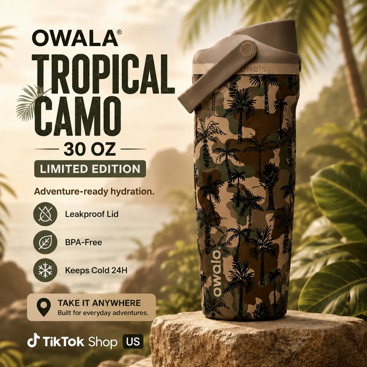 [NEW ARRIVAL] Owala FreeSip Sway 30oz Camo Water Bottle, Insulated Stainless Steel Bottle with Straw, Leak-Proof BPA-Free 24H Cold, Outdoor Travel Bottle for Hiking Camping Gym