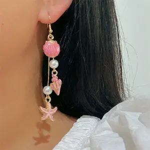 Fashionable Summer Ocean Style Pink Conch Shell Pearl Earrings, DDES0421 suitable for women's beach vacation decoration and party attendance, 14K Gold-Plated