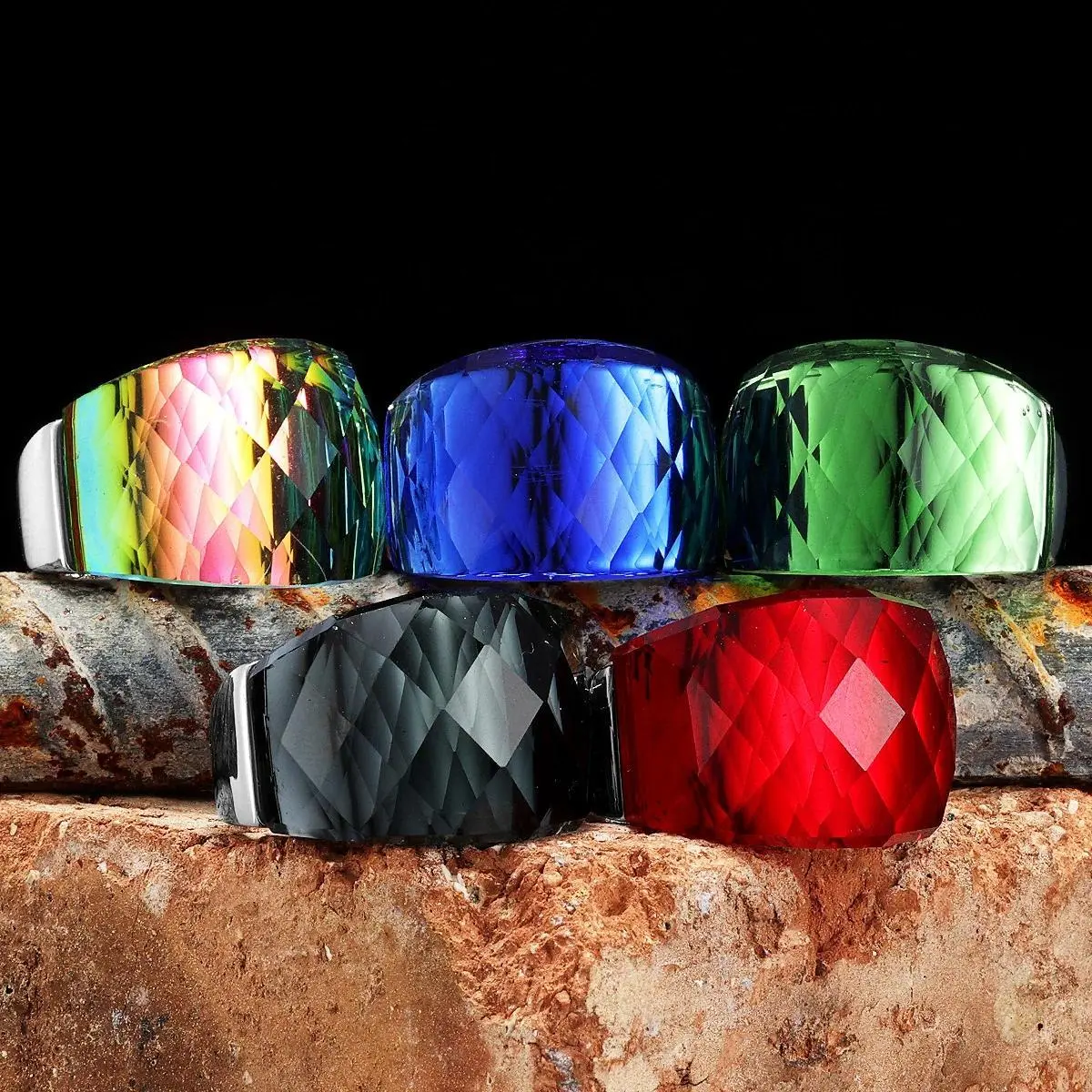 Multicolor Luxury Glass Crystal Rings - 16g Anti-Allergic Non-Tarnish Stainless Steel Punk Rock Bling Adult Male Jewelry, Fashion Gifting Wholesale Accessories, Beautiful Rings