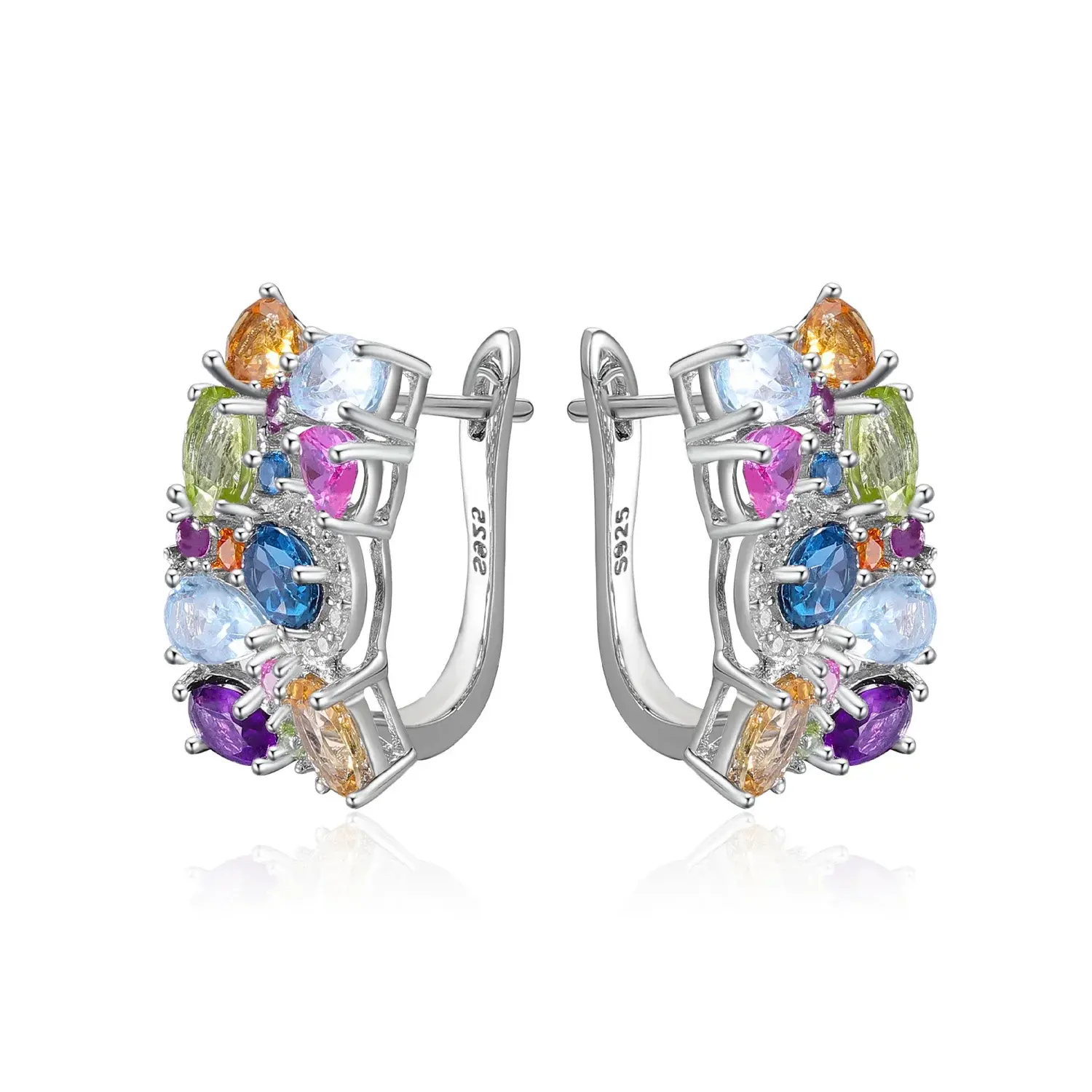 Women's 925 Sterling Silver Clip Earrings - Classic Handmade Lock Design with Multicolor Natural Citrine, Amethyst, Topaz, Fine Female Anniversary Jewelry (Yes)