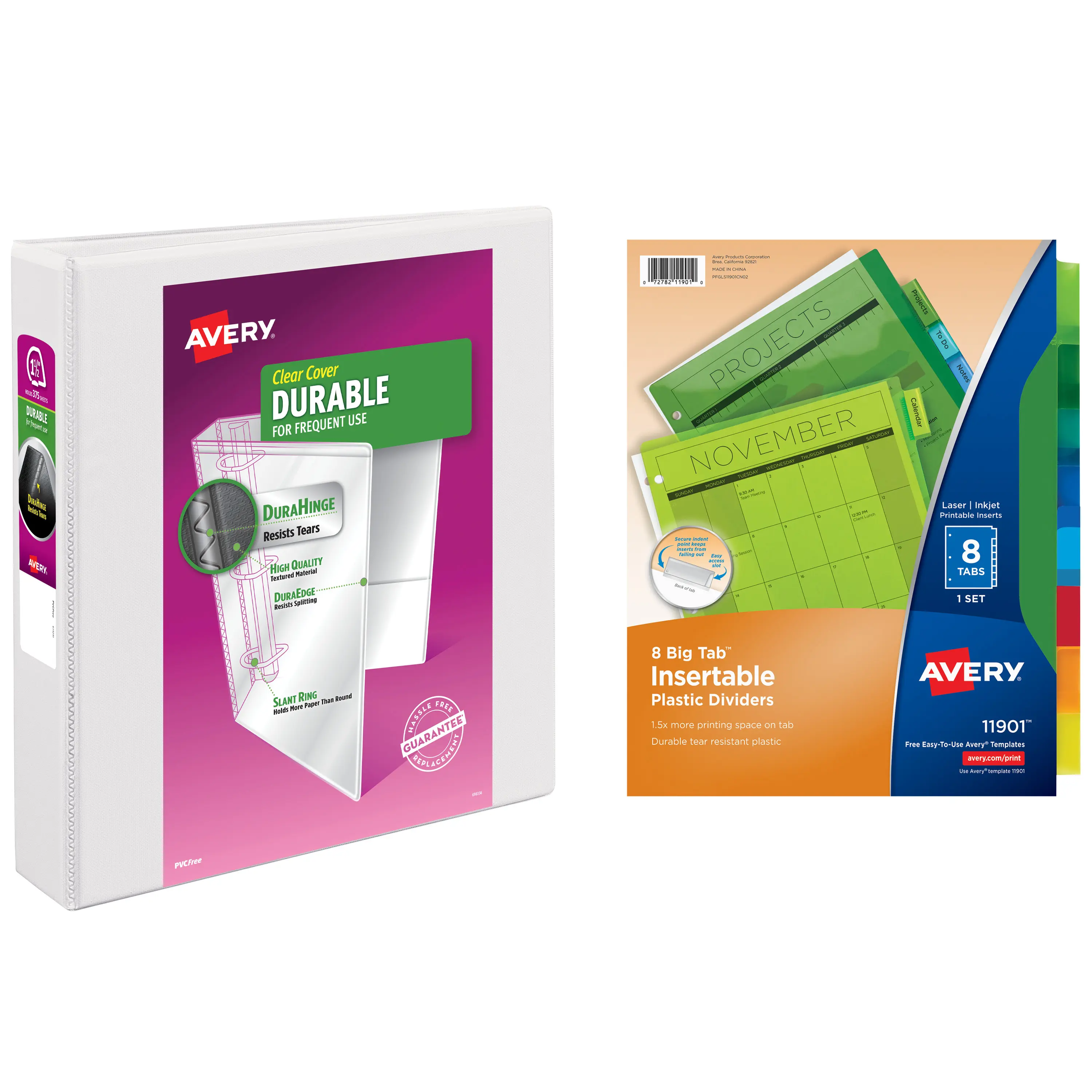 Avery Durable View 3 Ring Binder with 1.5 Inch Rings, 8 Tab Insertable Plastic Binder Dividers, School Supplies Set (01679)