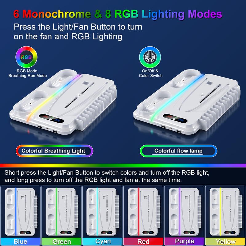Ponkor PS5 Cooling and Charging Dock, Compatible with PlayStation 5 Standard, Slim and Pro Consoles (Disc & Digital), Featuring Dual PS5 Controller Charger, Adjustable 3-Speed Cooling Fan, 8 Modes Dynamic RGB Lighting, Headset Hook & 3 USB Hubs
