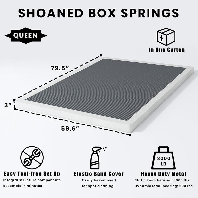 Queen Size Box Springs - 3 Inch Low Mattress Foundation No Noise Bed Base with Clean Fabric Cover, Assembly