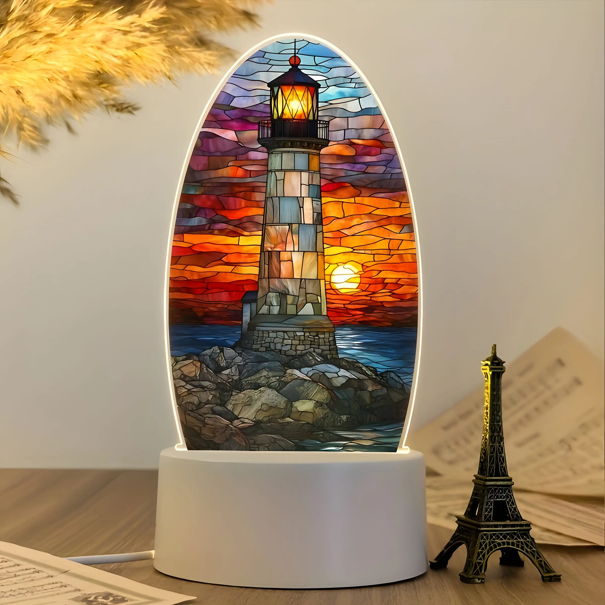 Vintage Ocean Lighthouse Table Lamp, USB Powered LED Night Light, Coastal Scene, Sunset Lamp, Decorative Lamp, Button Switch, No Batteries Needed, Home Decor Gift