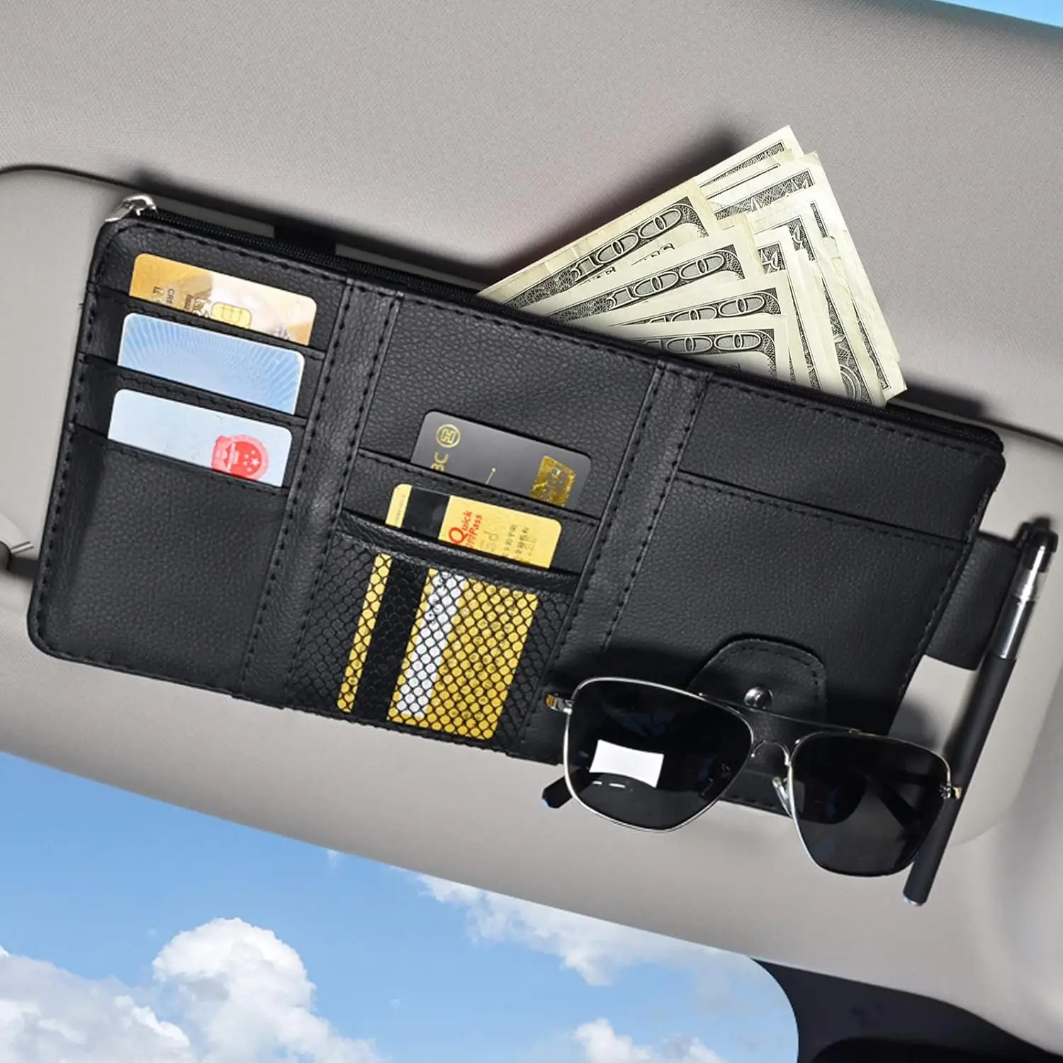 Black Leather  Sun Visor Organizer, Sunglasses Holder for  Sun Visor, Auto Visor Storage Document Holder with Multi Pocket
