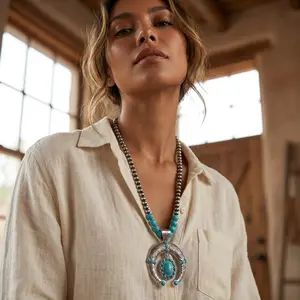Western Stakes Luxury Squash Blossom Necklace & Earrings Set 18" Chain Navajo-Style Pendant Turquoise Accents Western Statement Jewelry for Rodeo & Country Events