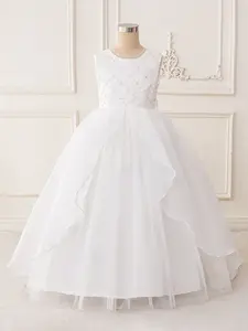 7-12Y White 0086 Kids Clothes Flower Girls Princess Long Ball Embroidery Trailing Skirt Mesh Ball Gown Gown Frock Children Formal Evening Party Banquet Pageant Prom Host Cocktail Dress