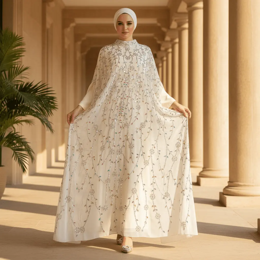 Women's Islamic Luxury Crystal-Embellished 2-Piece Cape Abaya Set, Cotton 3/4 Sleeve Lightweight Inner Dress, Elegant Evening Modest Hijabi Wedding Wear (MA390), Two-Piece Set, Hijabi Fashion
