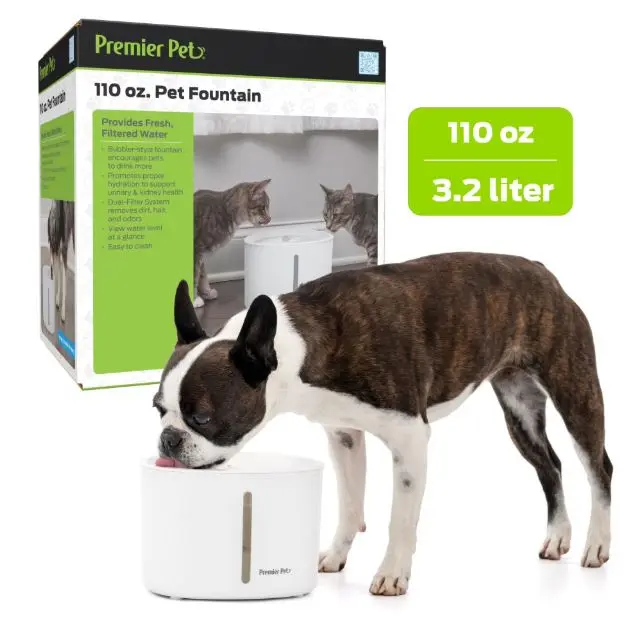 Premier Pet 110 oz. Pet Fountain Automatic Water Fountain for Cats & Dogs, Filters Included, White
