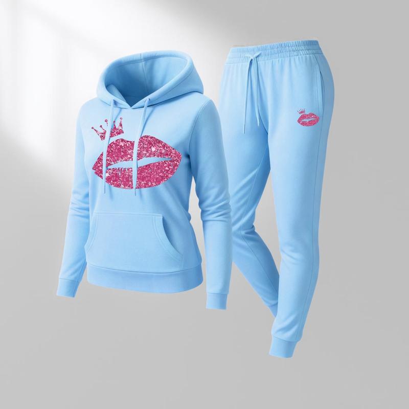 Women's Lip Crown Print Hoodie And Drawstring Track Pants Set, Casual Sportswear, Long-Sleeved Hooded Jacket And Pants, Suitable For Autumn And Winter, Everyday Wear, Indoor And Outdoor Sportswear, Casual Sportswear.