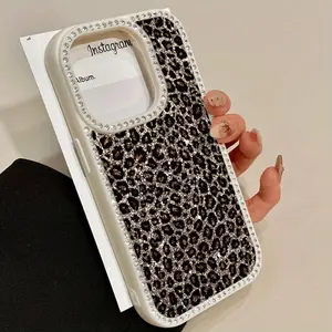Dazzling Leopard Print Diamond Accent Transparent Smartphone Case, Protective Cellphone Shell for Daily Use, Handheld Phone Accessories (iPhone 17-11 Compatibility)