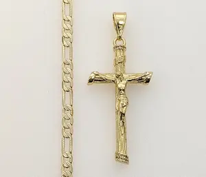 Plated Cross 4mm 14K Diamond Cut Figaro Chain Necklace