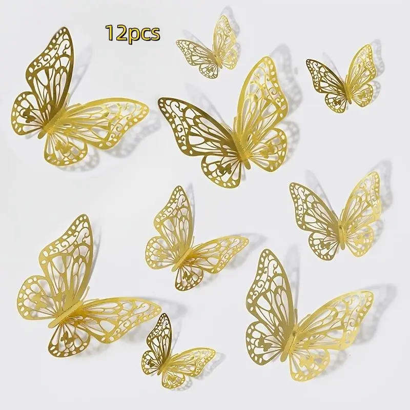 12/72 Pcs 3D Butterfly Wall Decor Set, Hollow Design, Party Decoration, Wedding Gift, DIY Home Decor, Creative Decorative Stickers, Wall Decal, Decoration Items