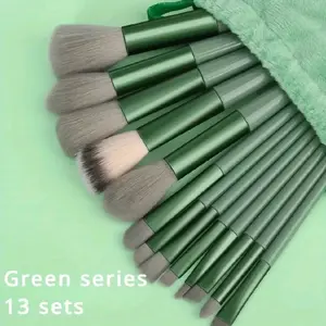 Green Series 13 Piece Cosmetic Brush Set with Various Brushes for Effective Makeup Application