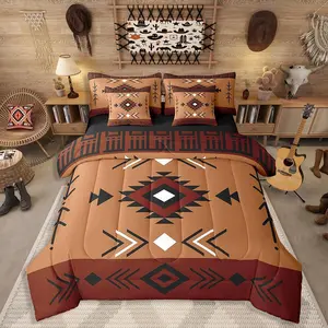 Western Aztec Bedding Set,7 Pcs,Native American Navajo Sheet Sets,Southwestern Geometric Comforter Set,Ethnic American Native Bed in A Bag